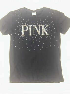EUC PINK Victoria's Secret Black Tee with Rhinestone Logo and Scattered Studs